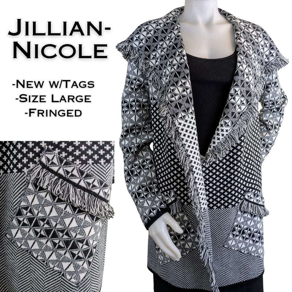 Jillian Nicole Cardigan Large Black White Mixed Pattern Fringed Open Pockets